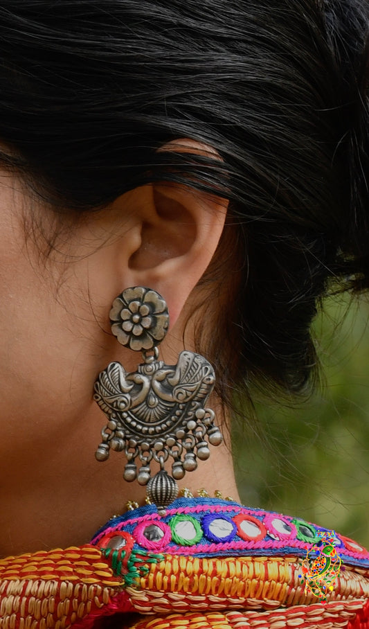 Floral Peacock Dance Silver Earrings