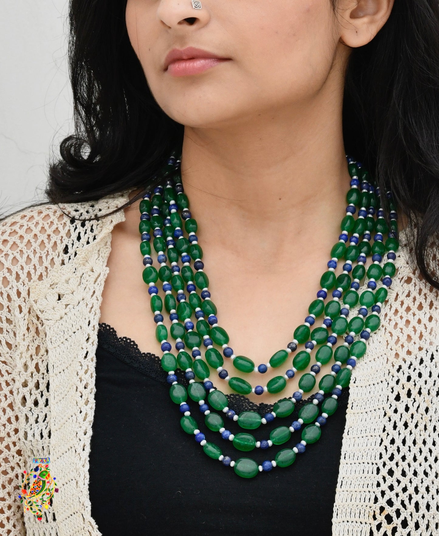 Green Quartz Lapis And Freshwater Pearls Multi Layered Necklace