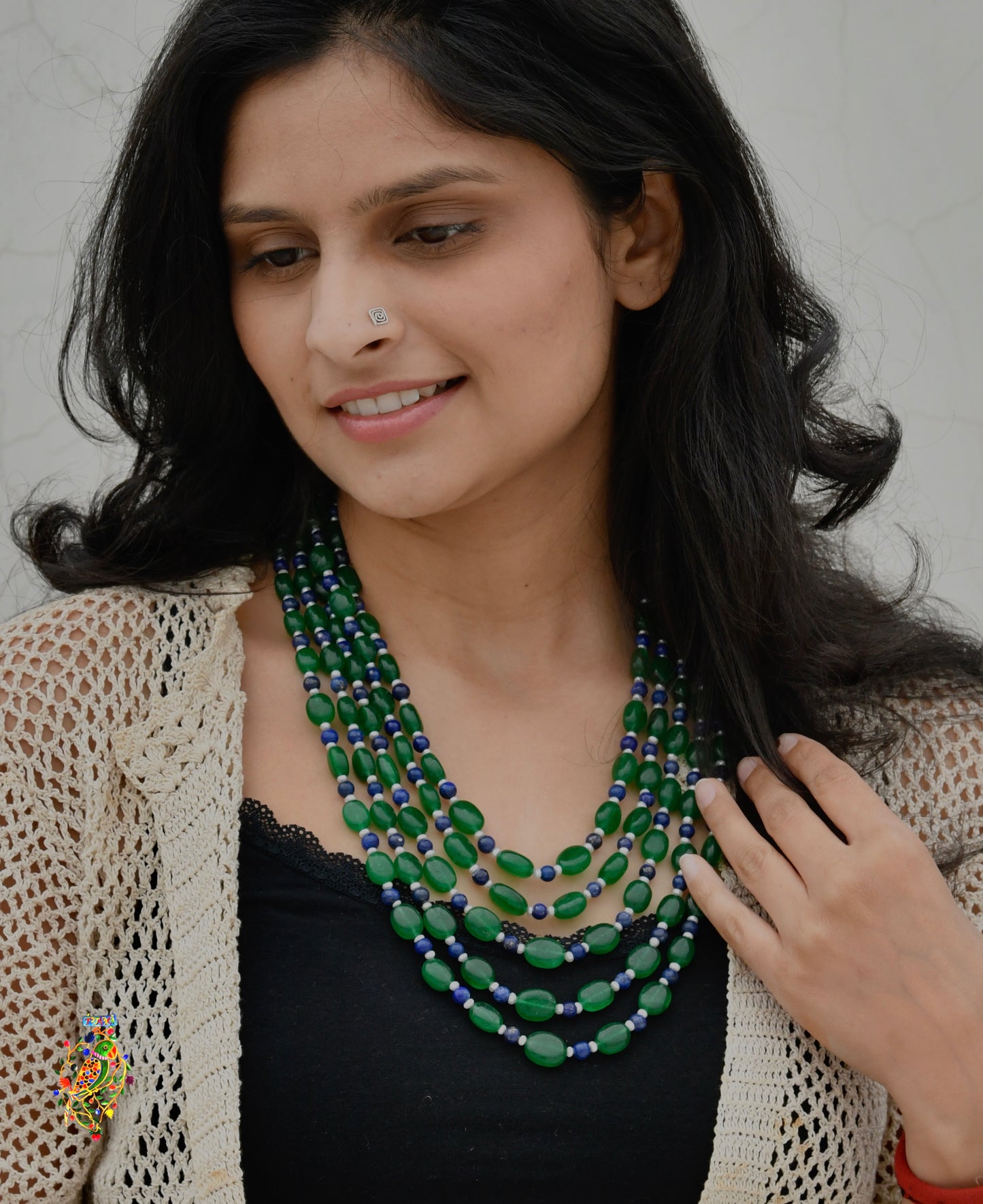 Green Quartz Lapis And Freshwater Pearls Multi Layered Necklace