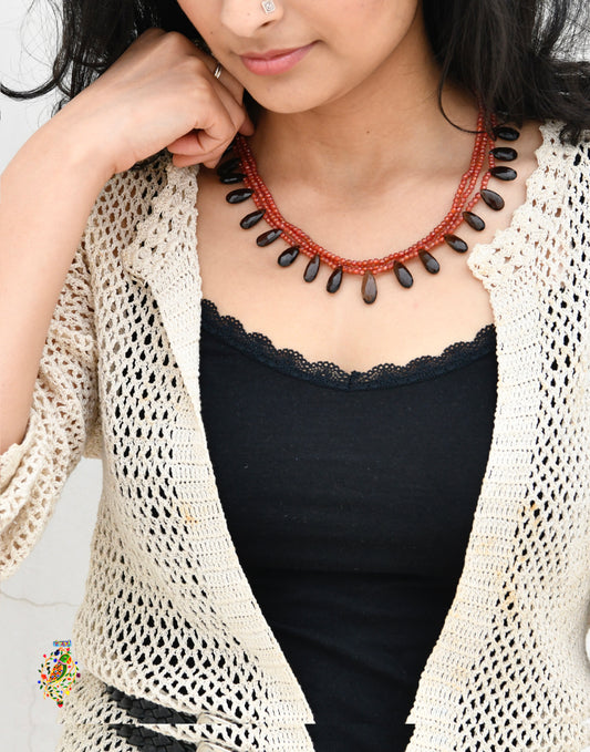 Carnelian And Smoky Quartz Drops Layered Necklace