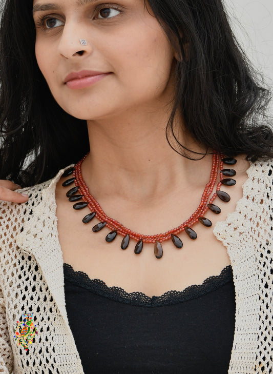 Carnelian And Smoky Quartz Drops Layered Necklace