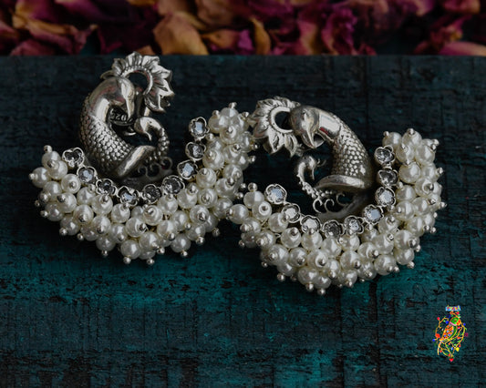 Peacock Swirl Silver Pearl Earrings