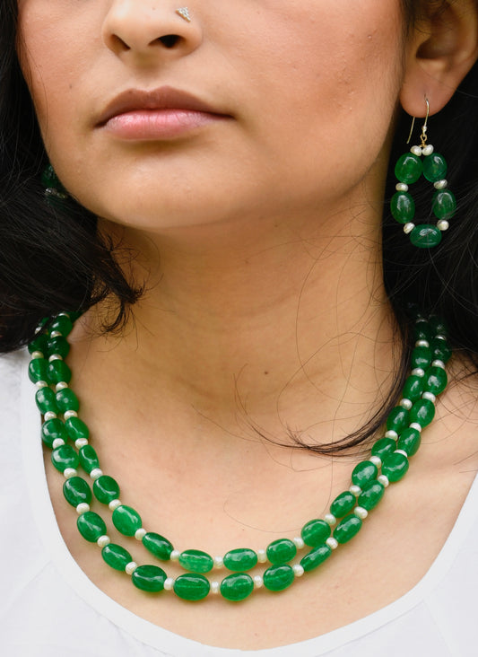 Two-Layered Green Quartz and Pearls Set
