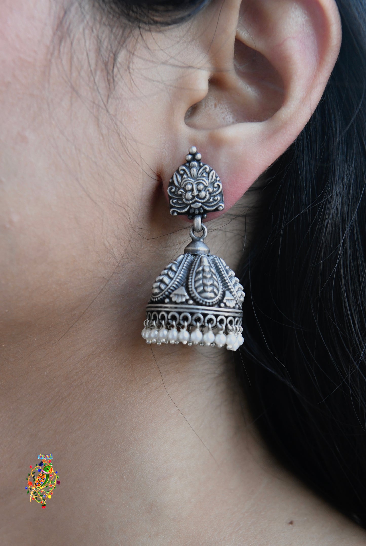Temple Work Silver Jhumka Earrings