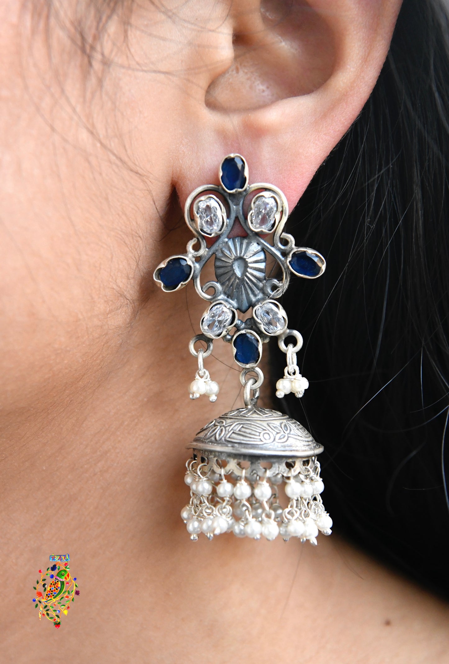 Blue Stones and Pearls Drops Jhumkas