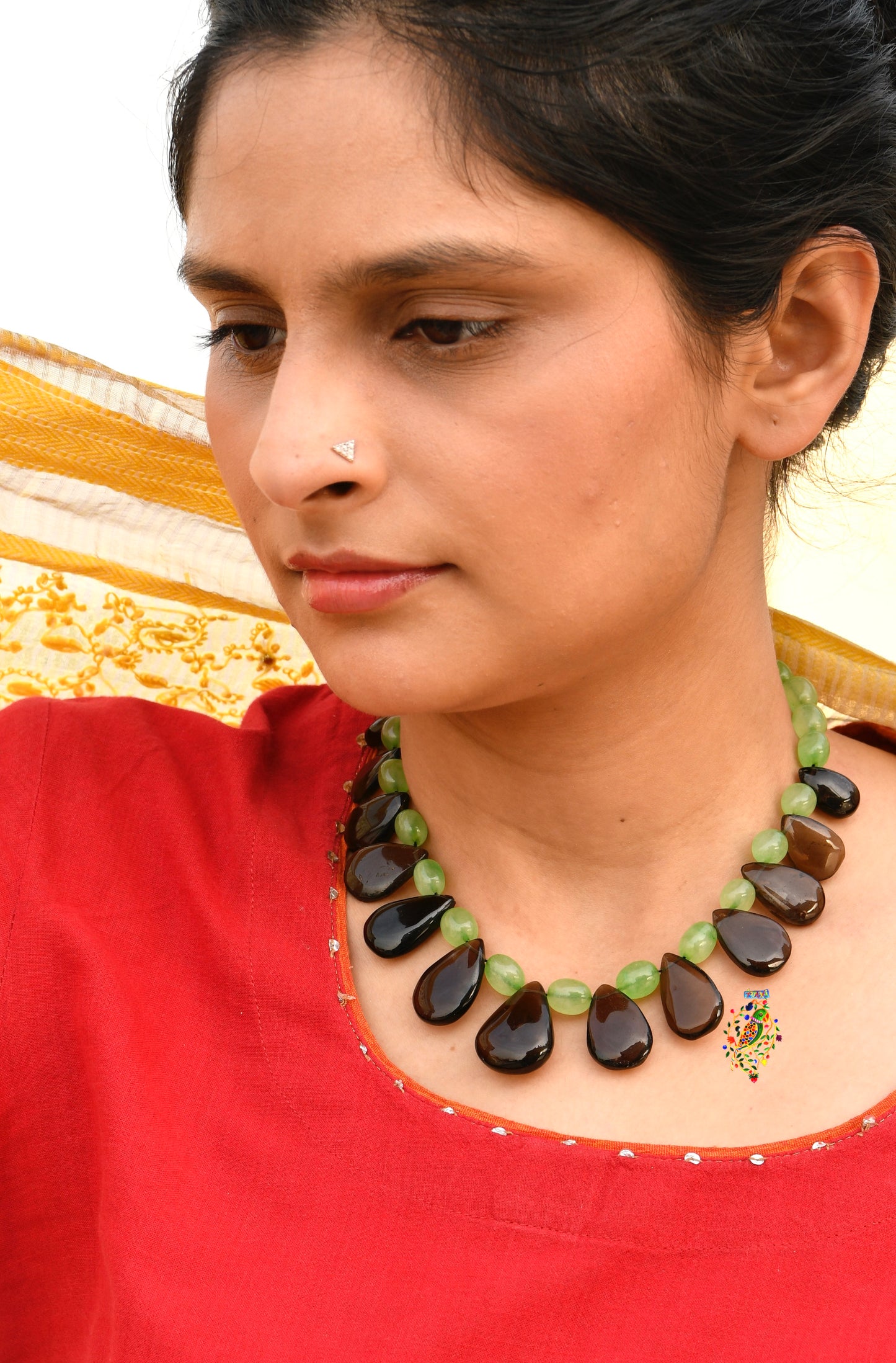 Green Quartz And Smoky Quartz Drops Necklace