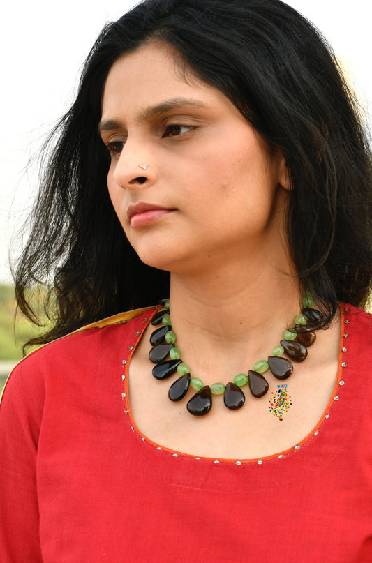 Green Quartz And Smoky Quartz Drops Necklace