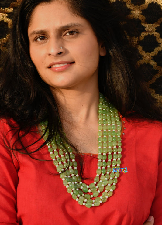 Mossy Green Onyx And Freshwater Pearls Layered Necklace