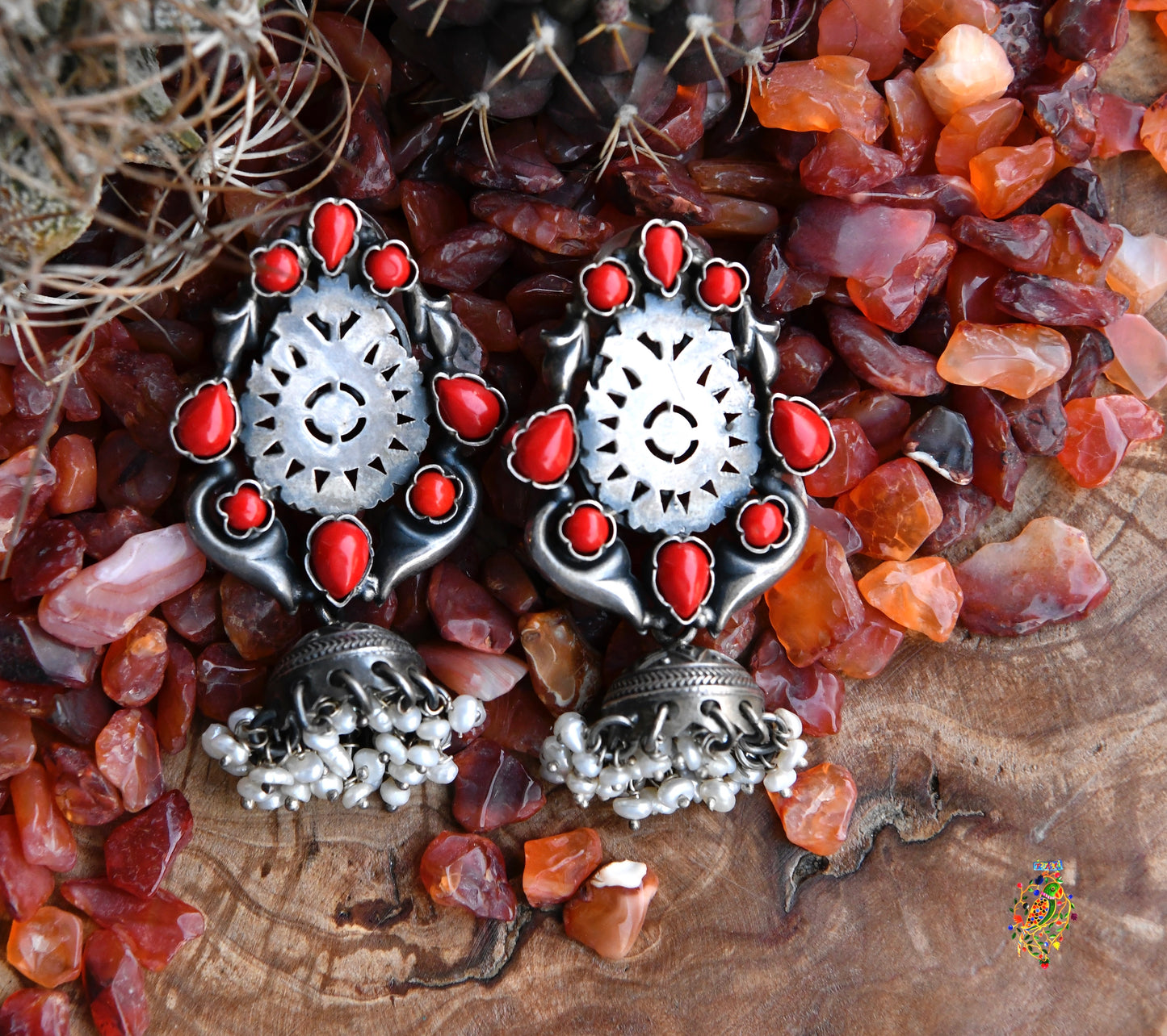 Coral Stud And Pearl Silver Jhumki Drops