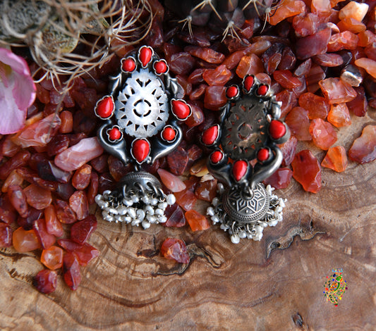 Coral Stud And Pearl Silver Jhumki Drops