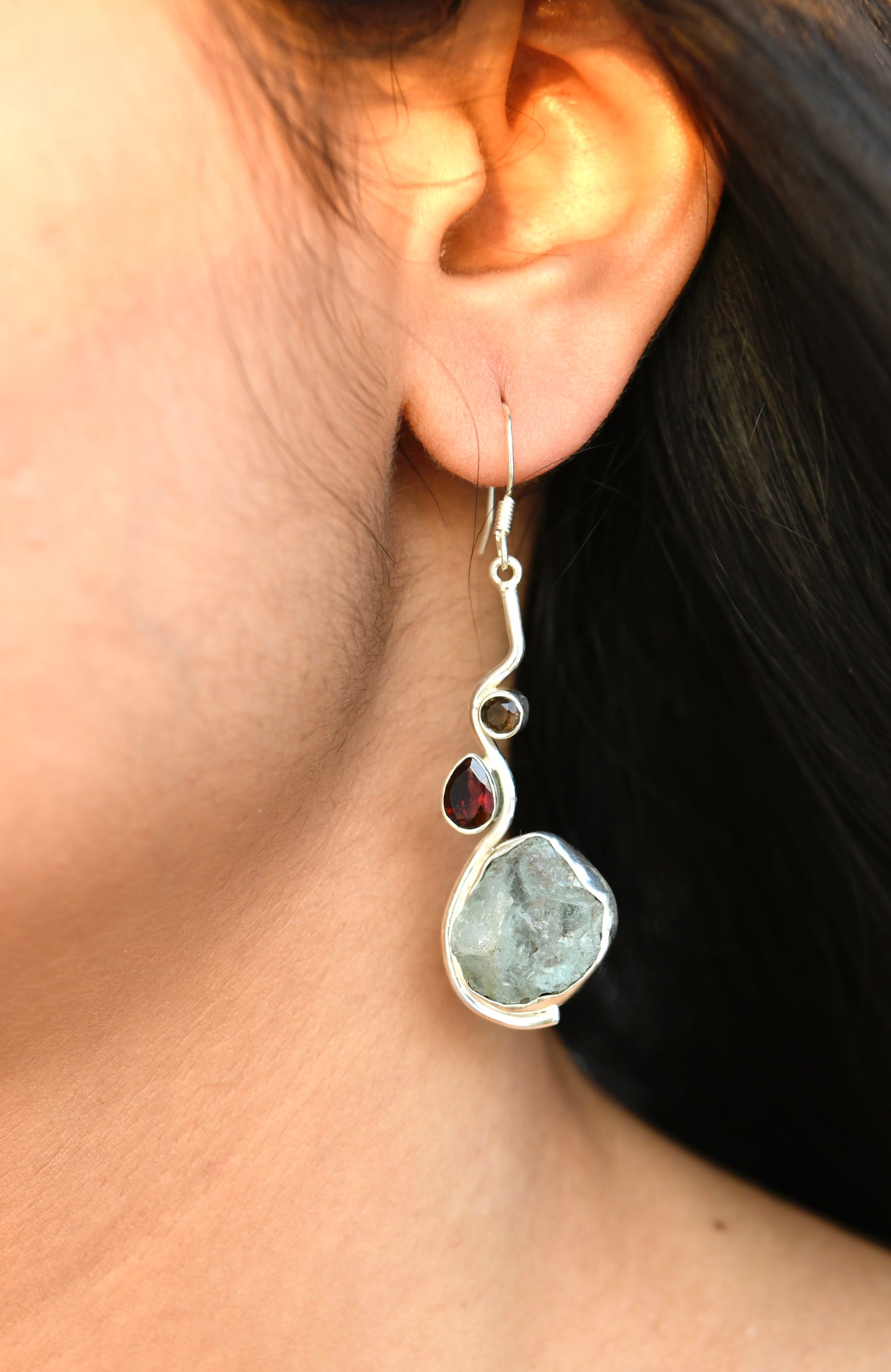 Green Amethyst-Garnet Silver Earrings