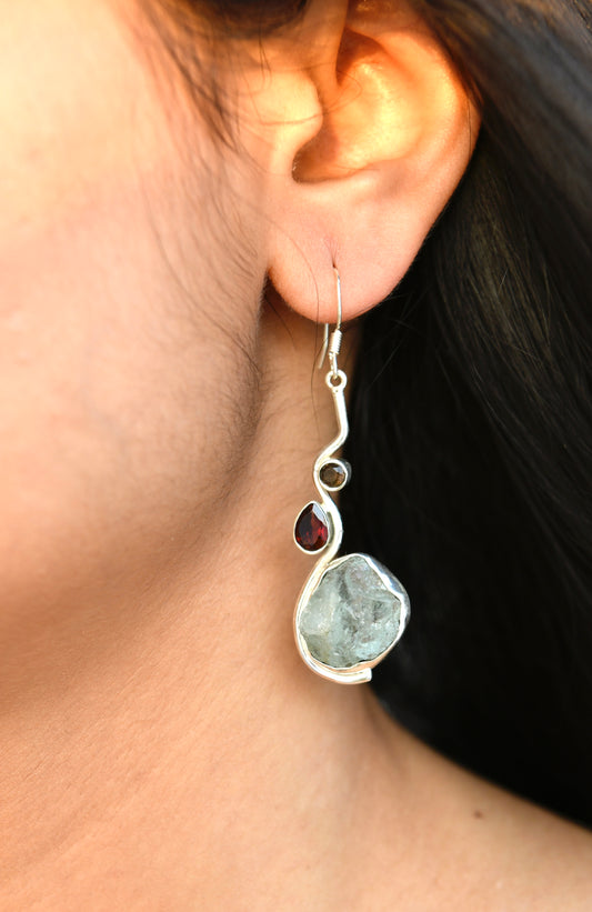 Green Amethyst-Garnet Silver Earrings