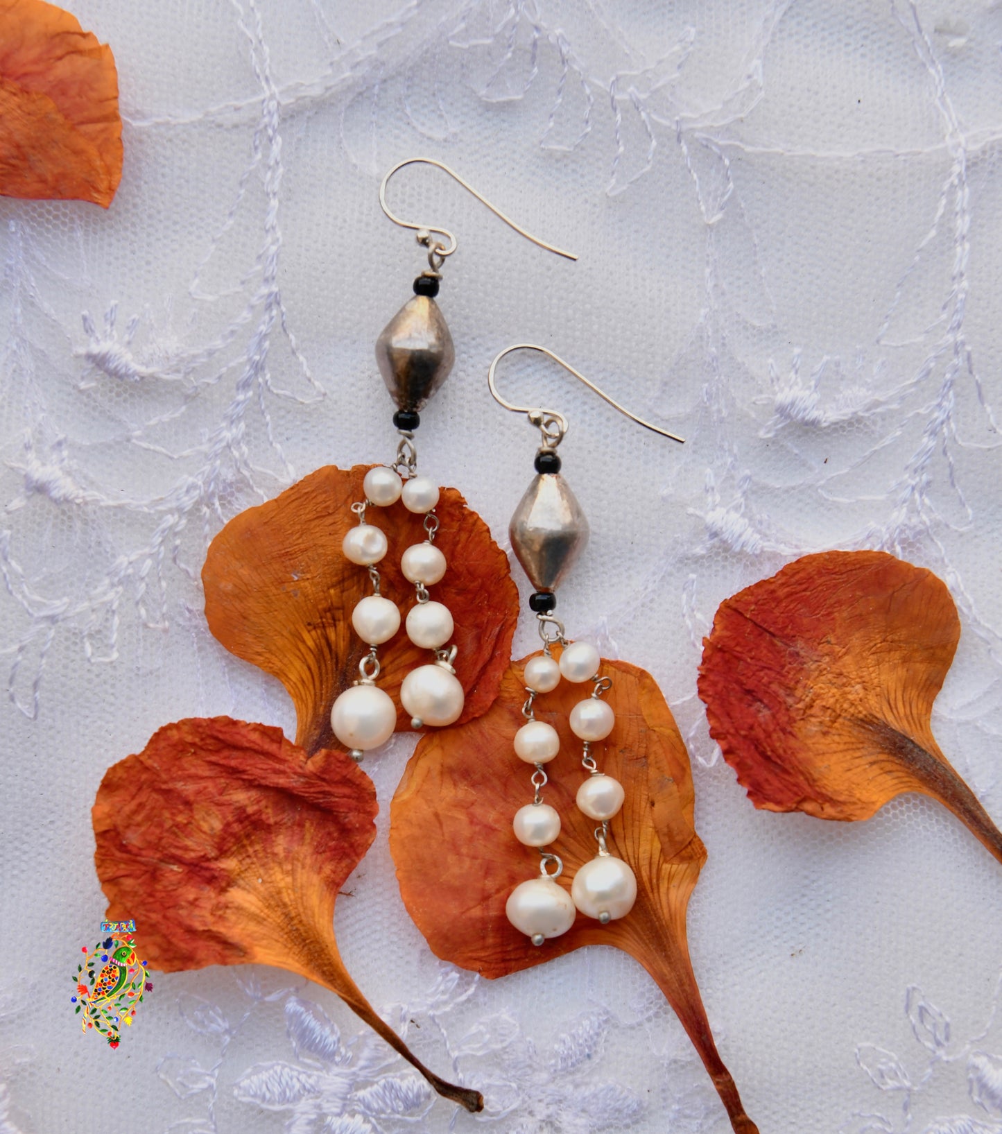 Silver Dholki and Pearl Earrings