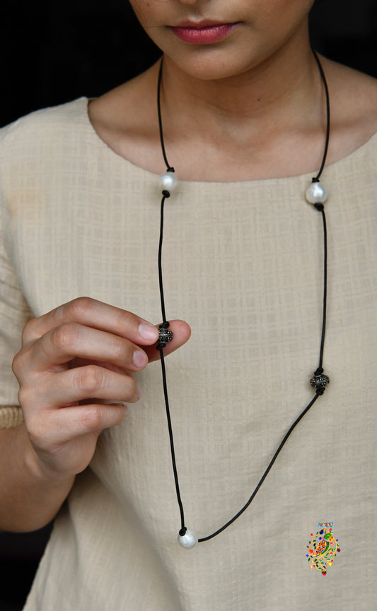 Pearl-in-Leather Long Necklace