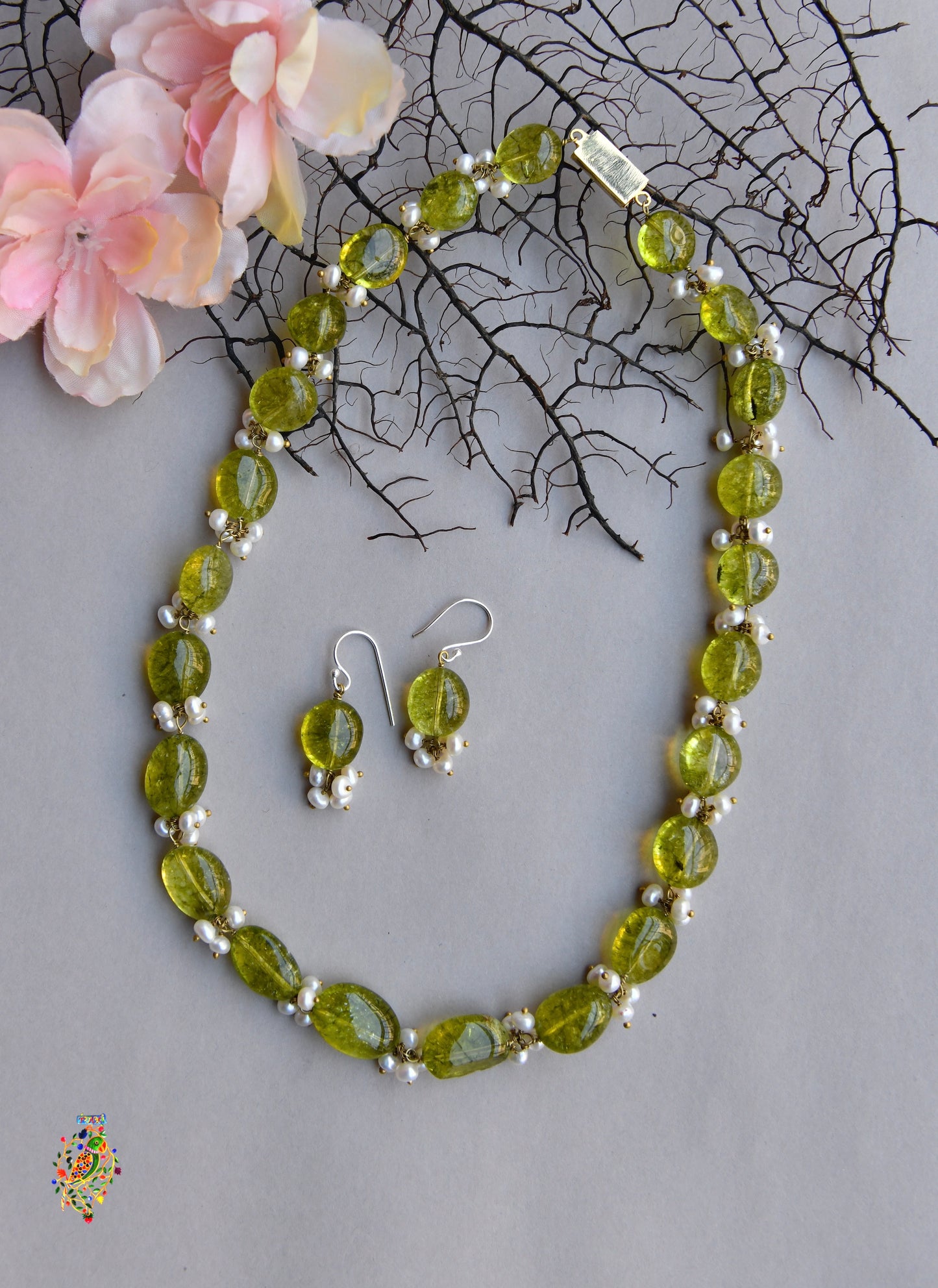 Moss Green Tourmaline Set with Pearl Tassels