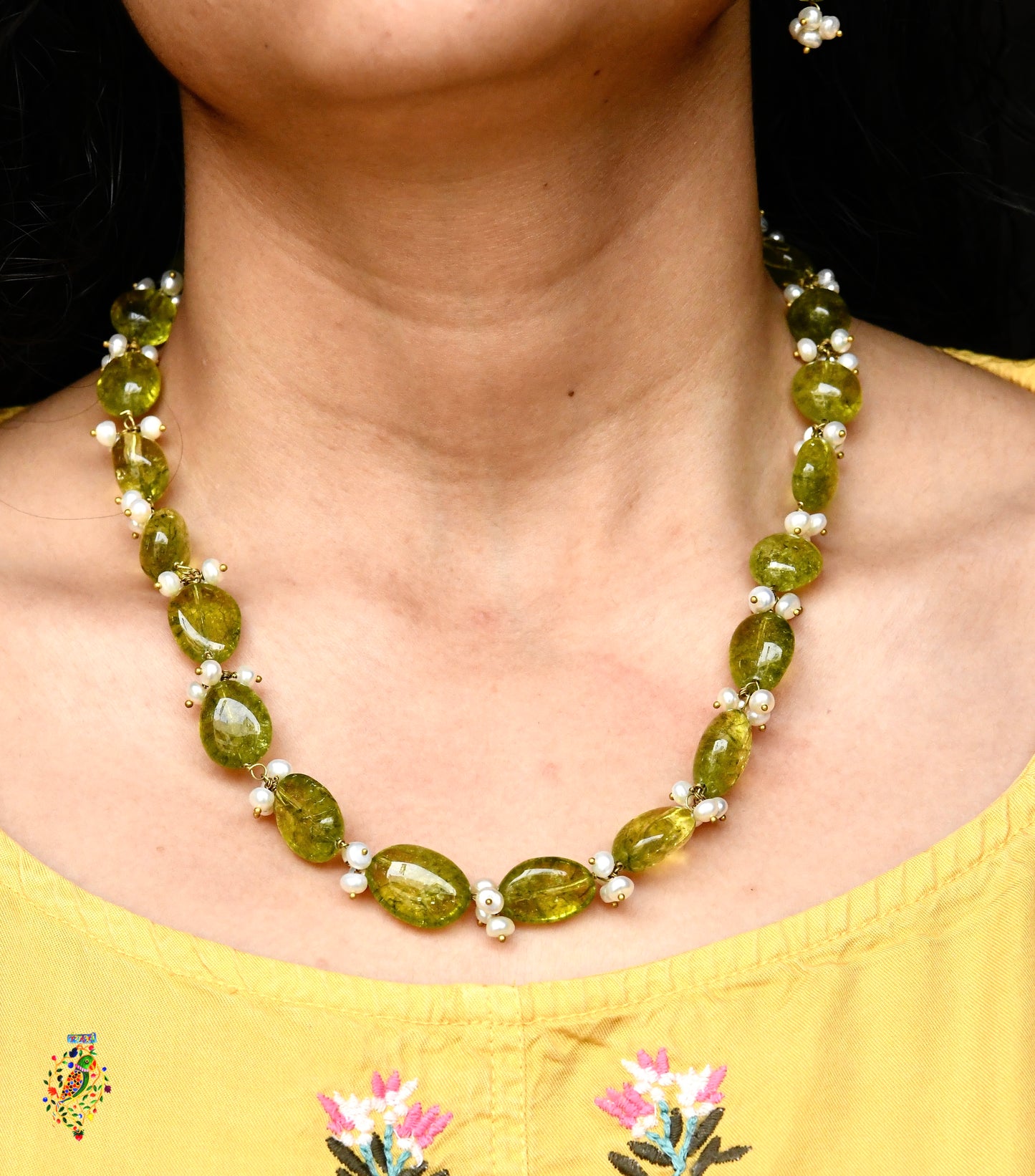 Moss Green Tourmaline Set with Pearl Tassels