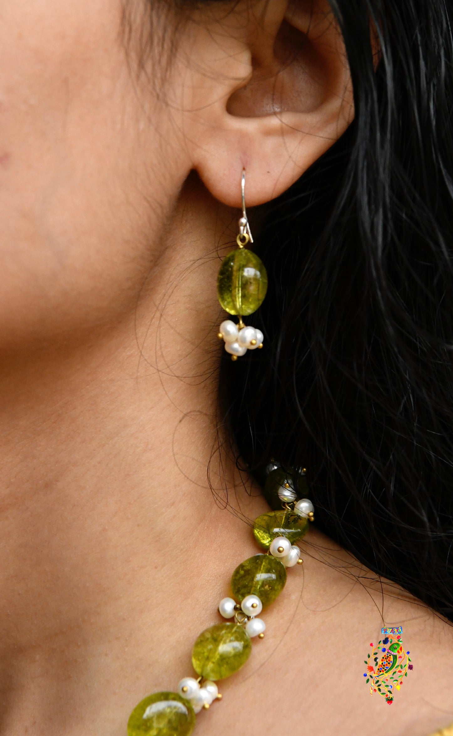 Moss Green Tourmaline Set with Pearl Tassels