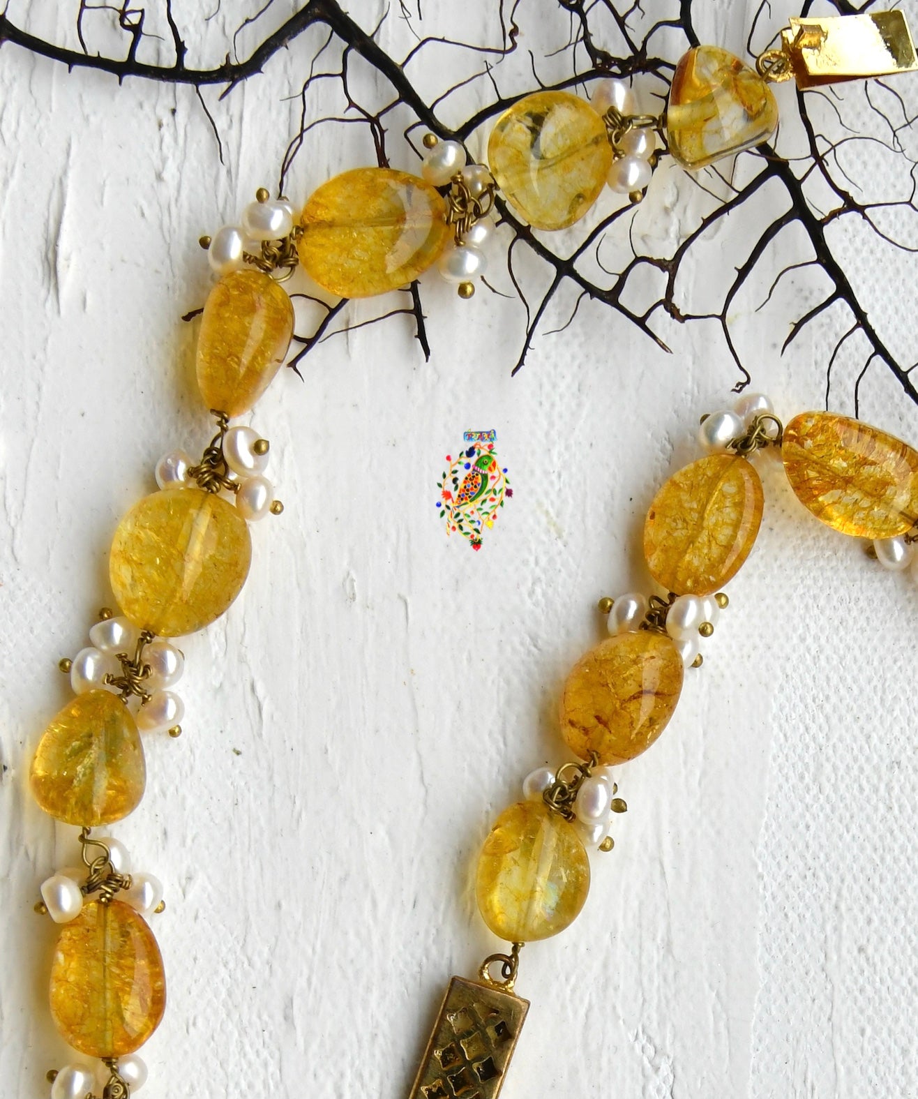 Amber Yellow Tourmaline Set with Pearl Tassels