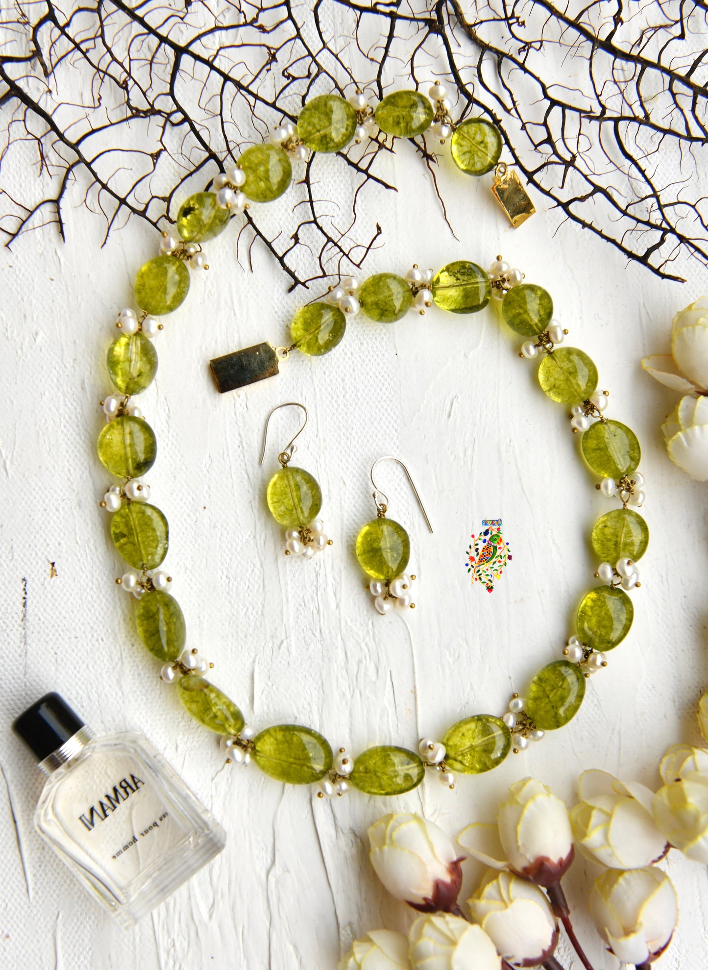 Moss Green Tourmaline Set with Pearl Tassels