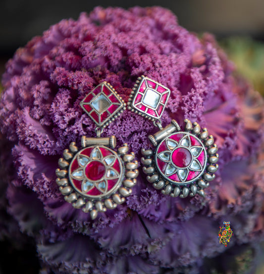 Pink Kundan Silver Studs