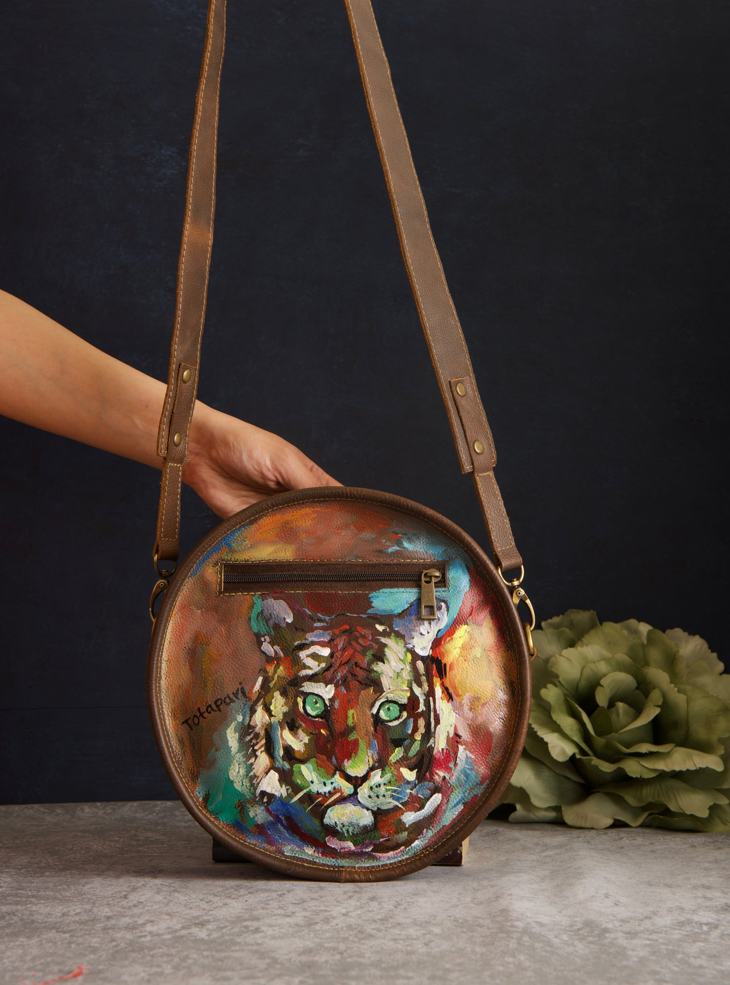 Tigress Handpainted Rustic Leather Bag
