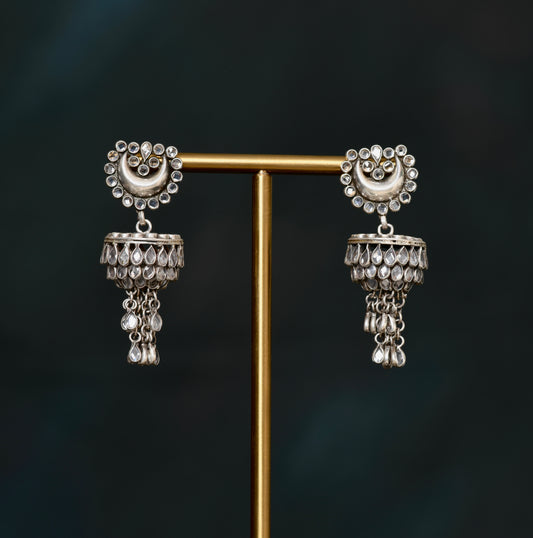 Royal Crystal And Silver Jhumka Earrings