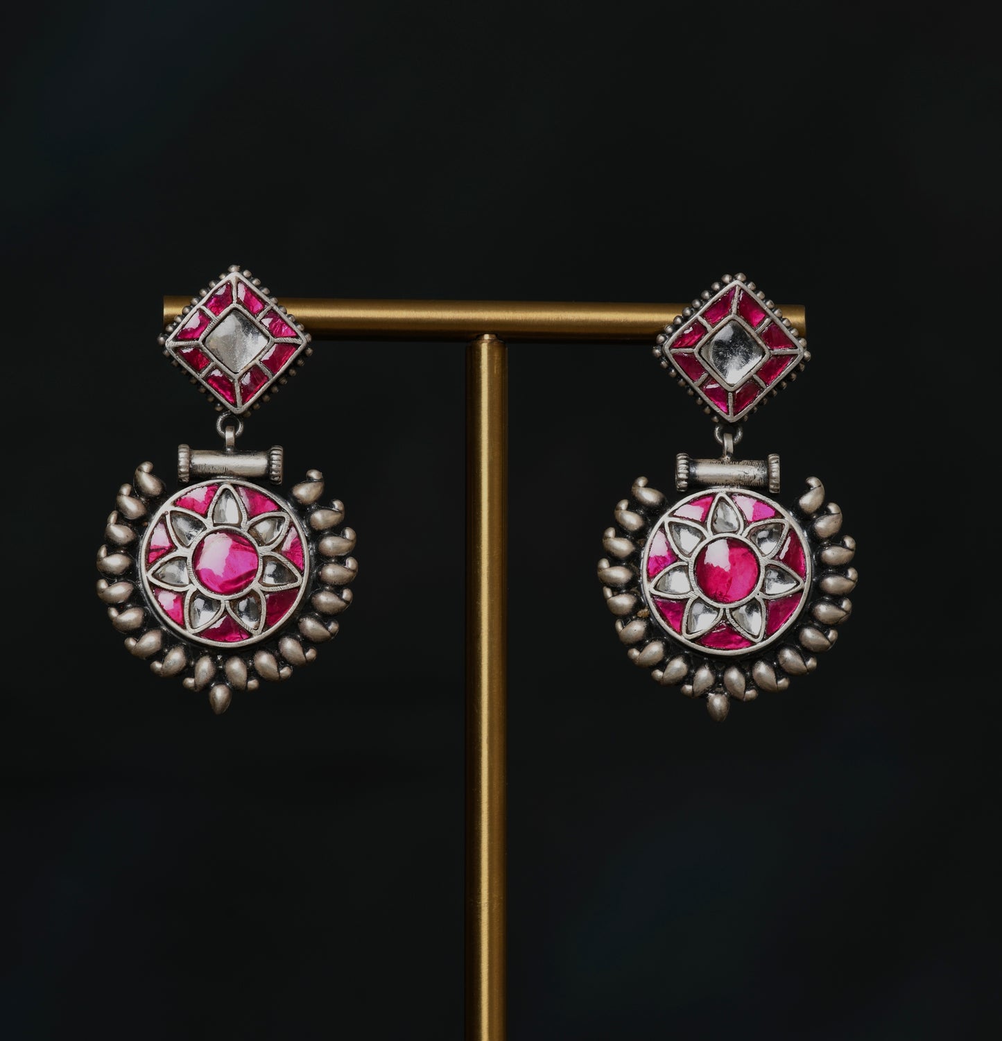 Pink Kundan Silver Studs