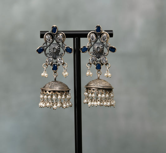 Blue Stones and Pearls Drops Jhumkas
