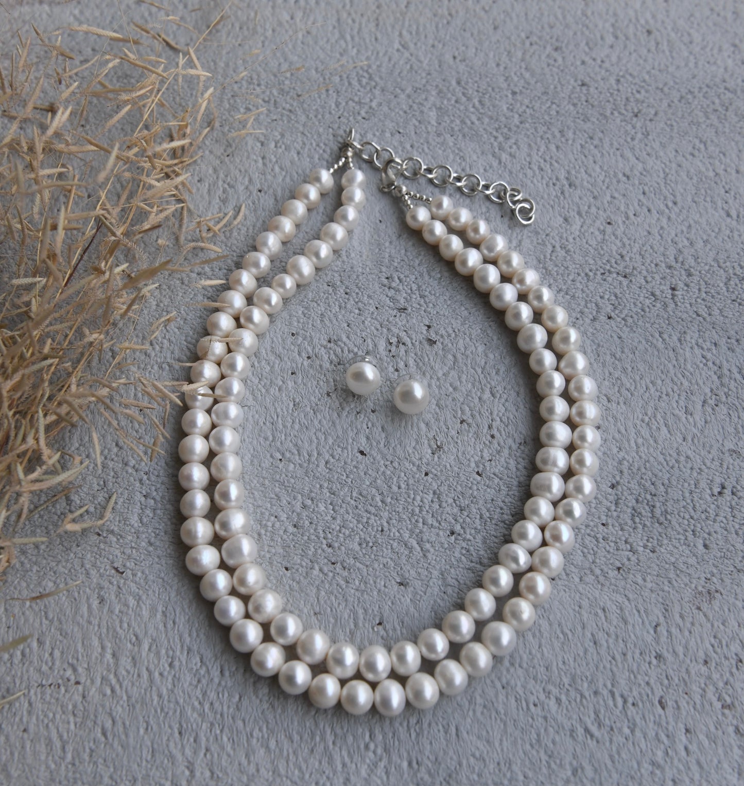 Classic Duet Pearl Necklace with Studs (8 mm Freshwater Pearls)