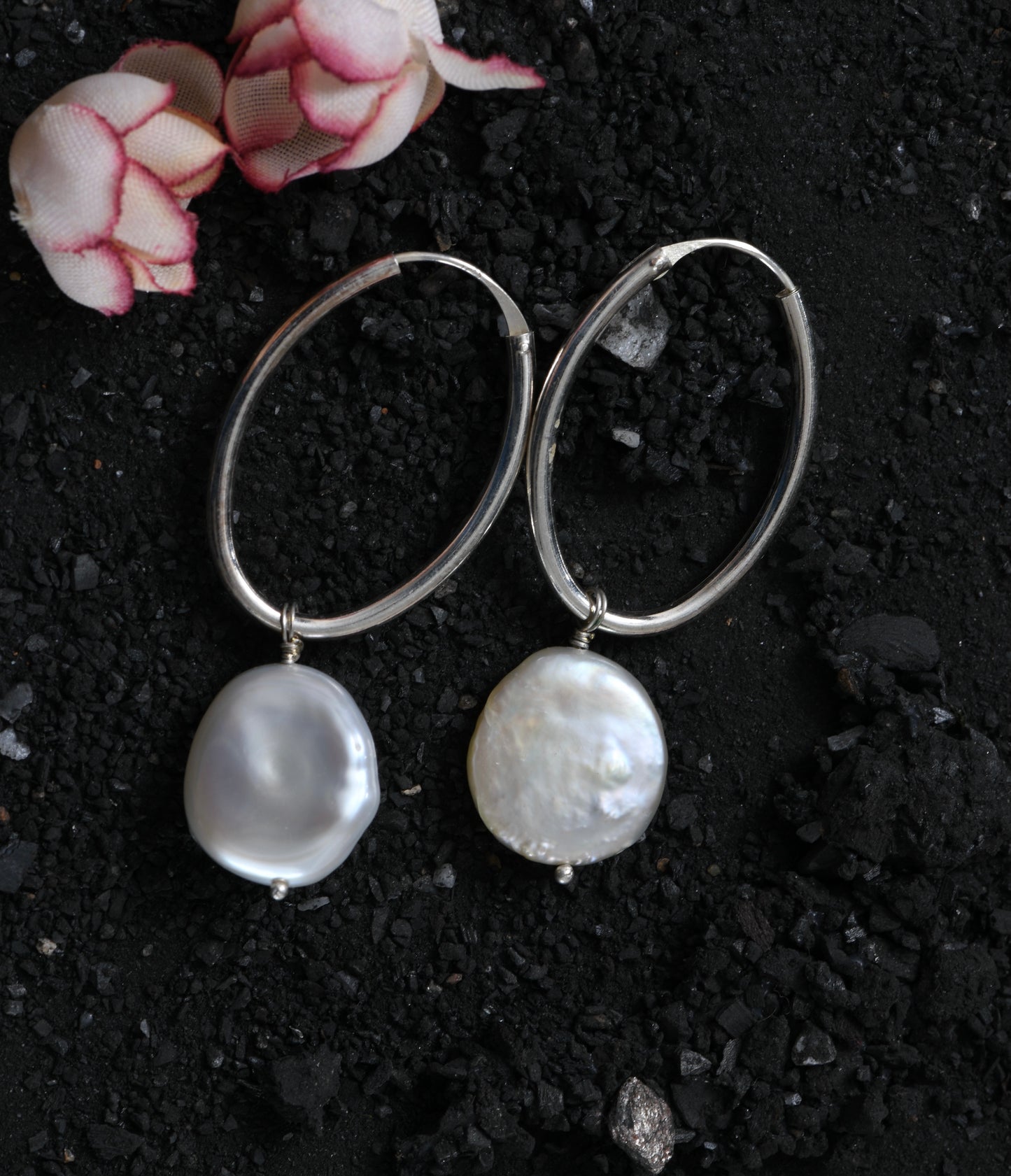Coin Pearl Oval Silver Hoops