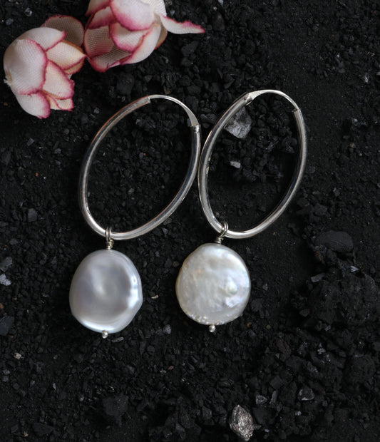 Coin Pearl Oval Silver Hoops