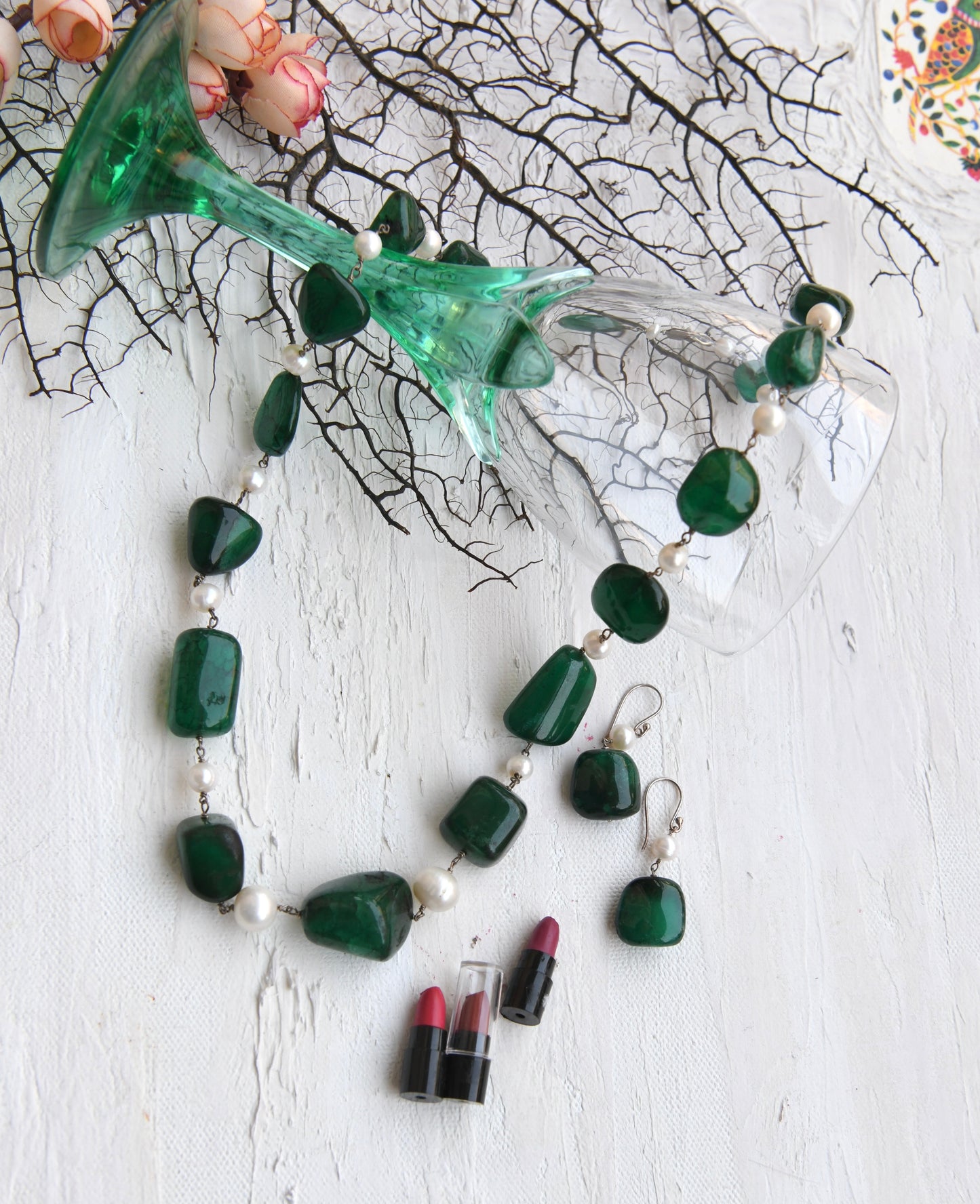 Rainforest Emerald Green And Pearls Necklace