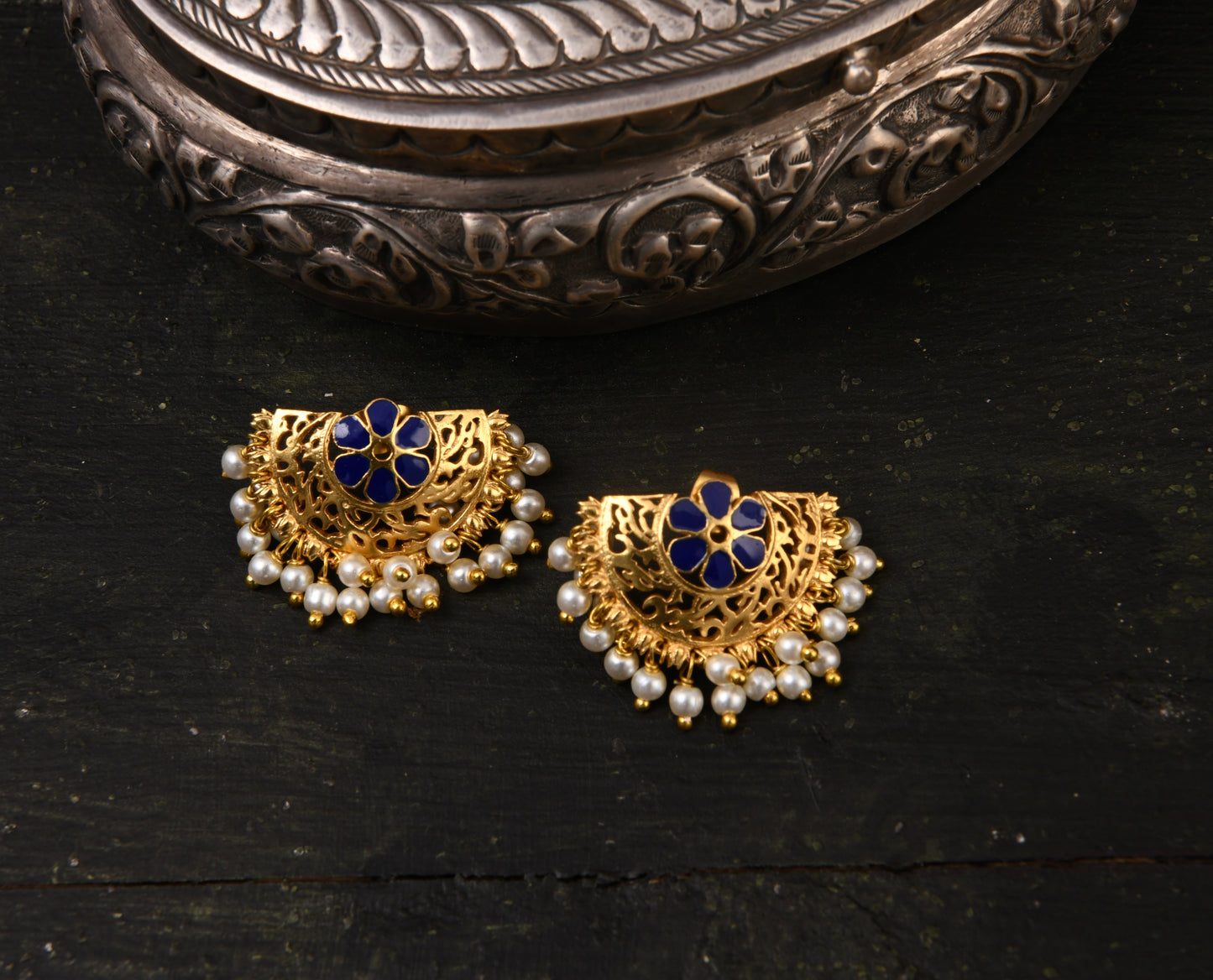 Mogra Necklace with Marigold Studs (Blue)