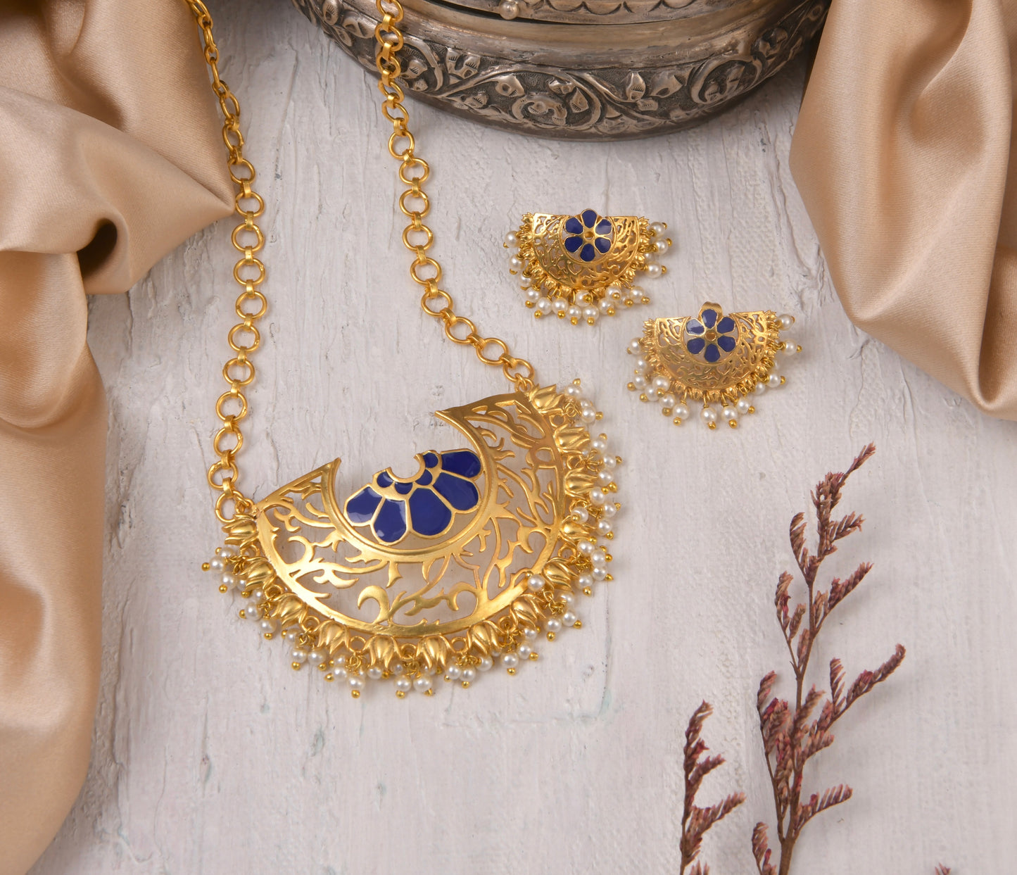 Mogra Necklace with Marigold Studs (Blue)