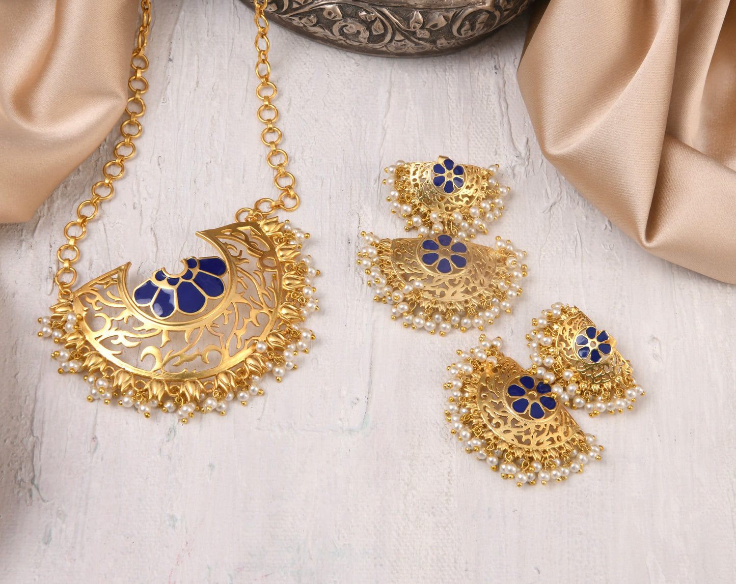 Mogra Necklace with Marigold Duet Earrings (Blue)