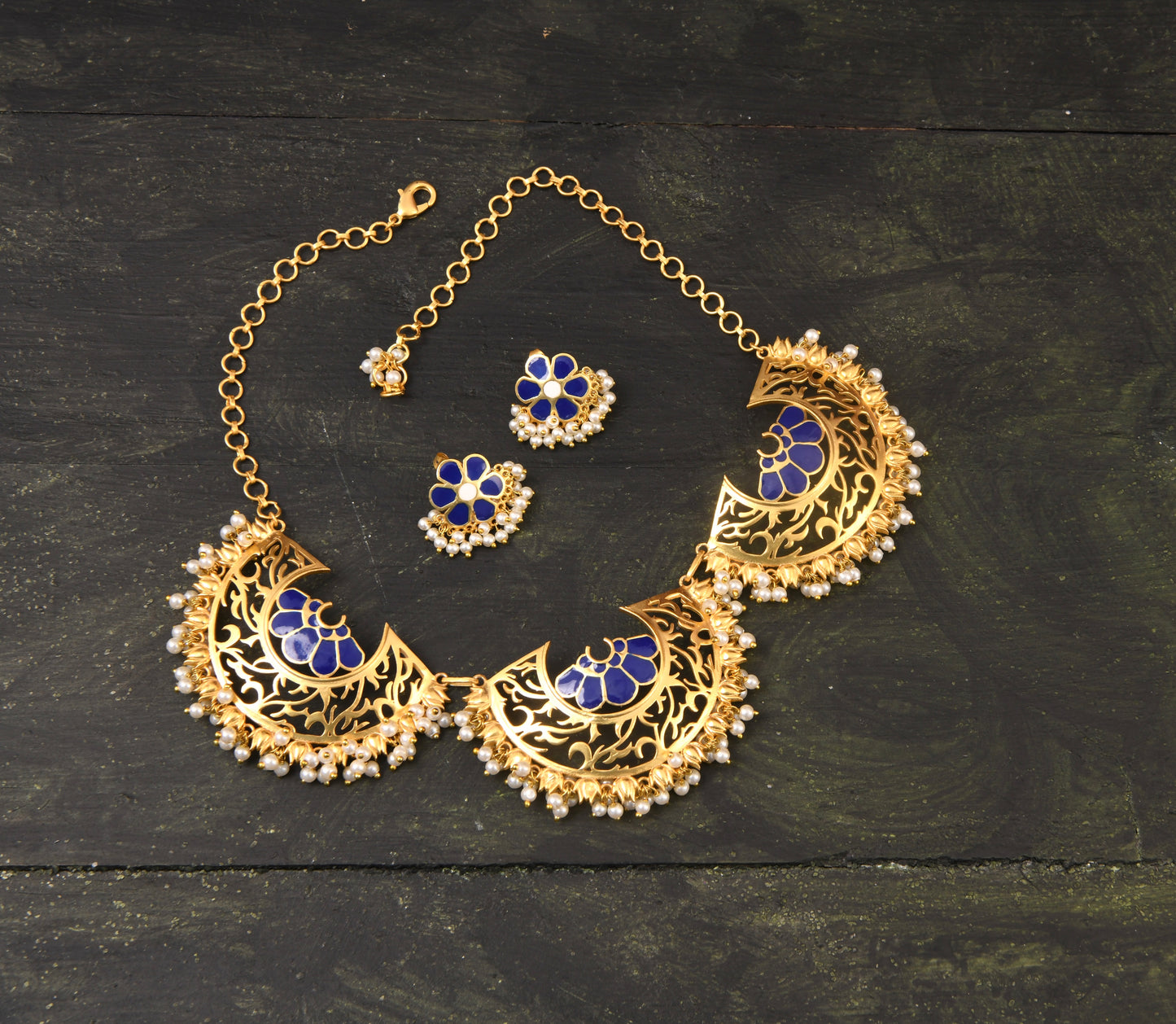 Maharani Necklace with Mogra Studs (Blue)