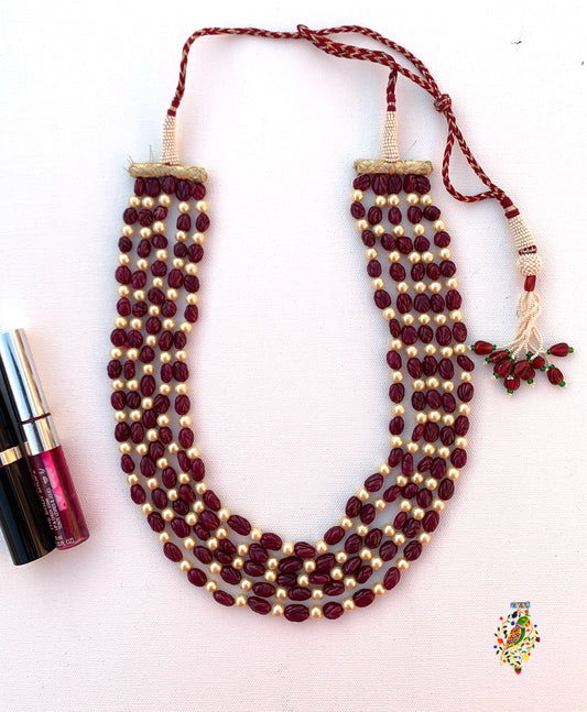 Carved Ruby and Pearl Necklace