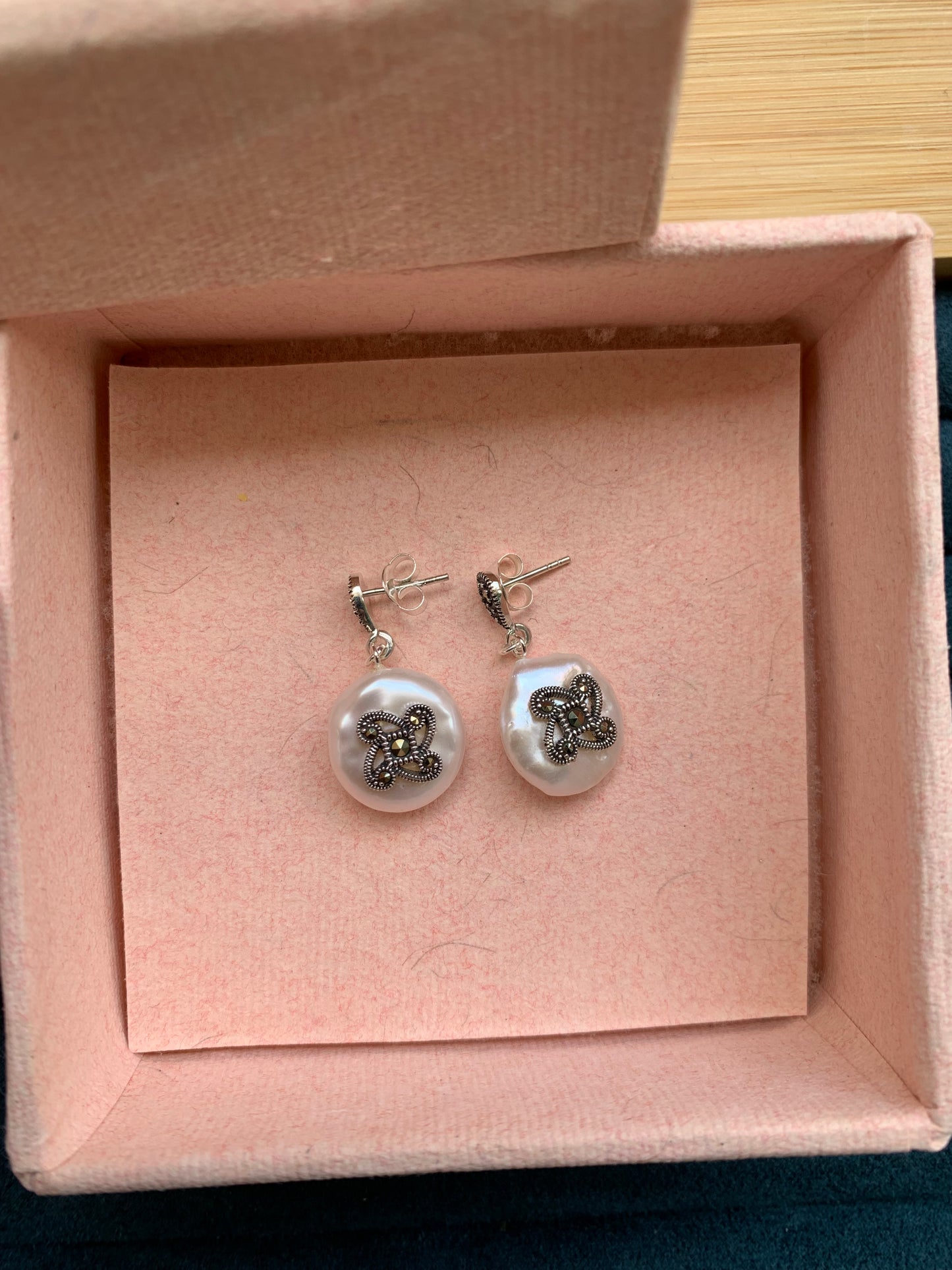 Pearl and Silver Chakra Marcasite Earrings