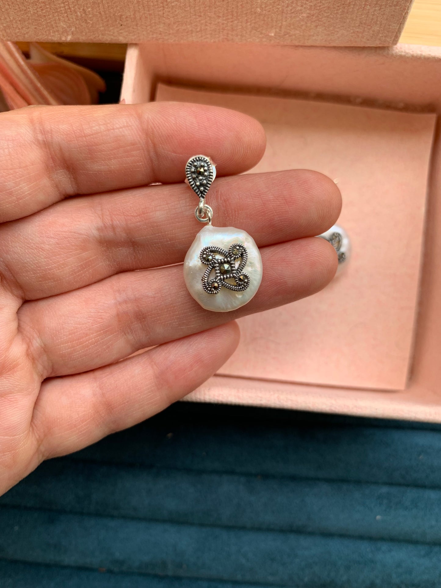 Pearl and Silver Chakra Marcasite Earrings