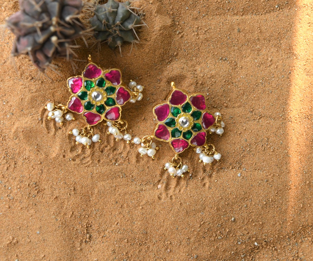 Pink Kundan Shining Stars Studs