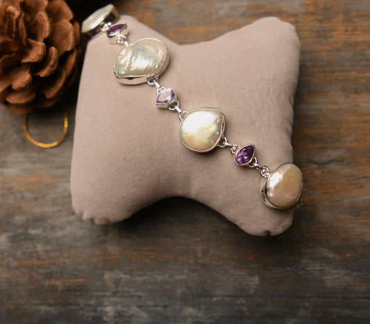 Amethyst and Baroque Pearl Bracelet (925 Silver)