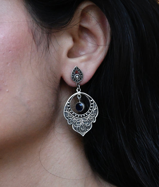 Silver Leaf Earrings with Black Stone