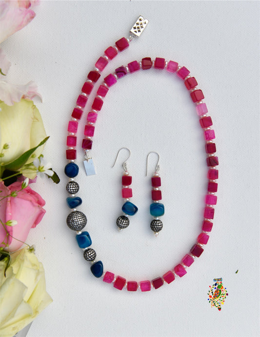 Pink Agates Necklace with Zircon Beads