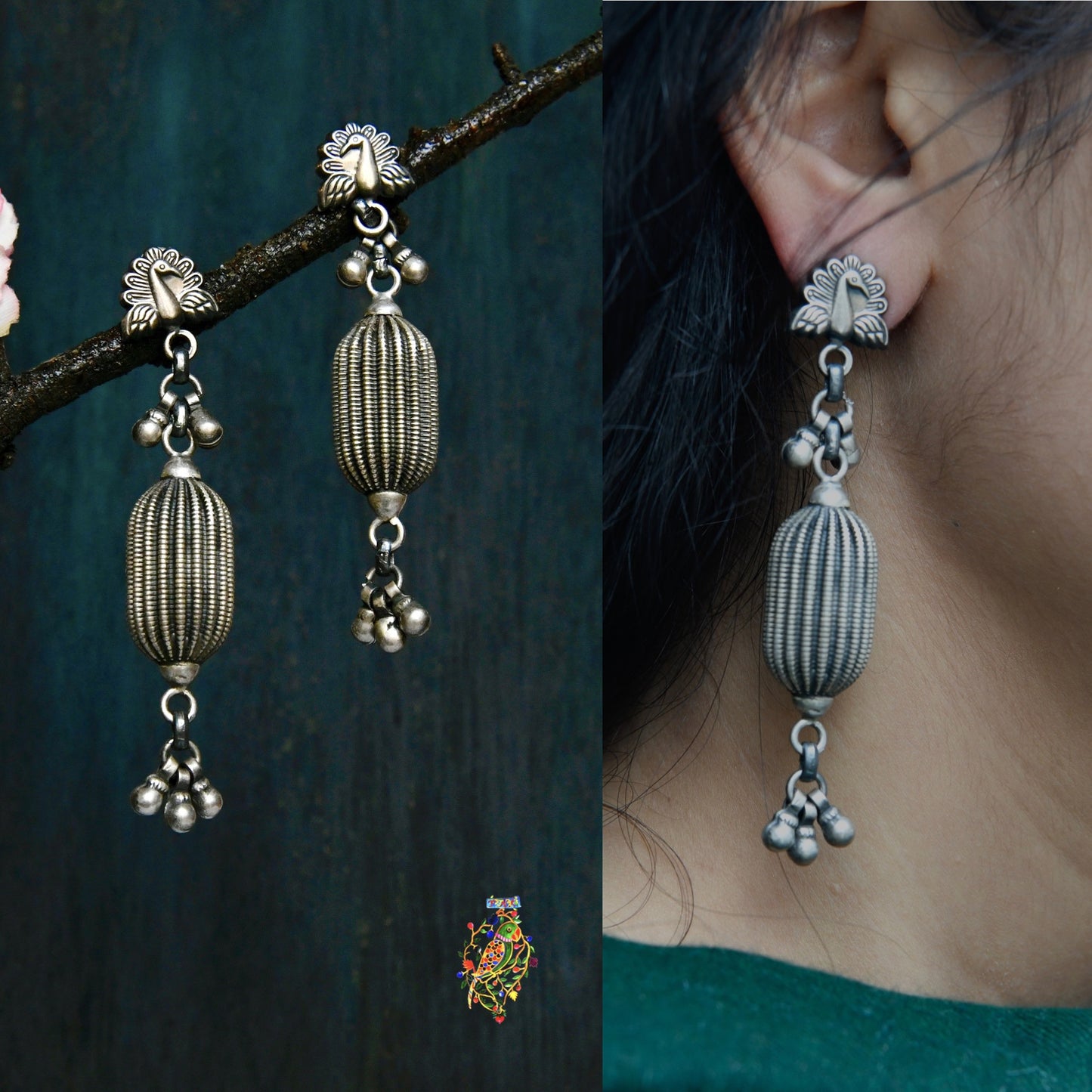 Peacock Silver Bead Earrings