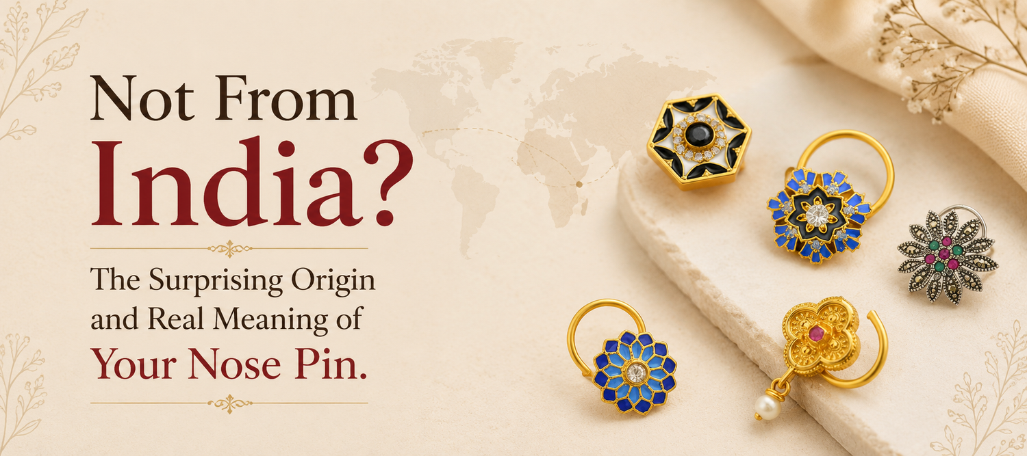 Editorial banner for the history of nose pins, featuring real Totapari nose jewellery images alongside a world map illustrating the nose pin’s journey to India.