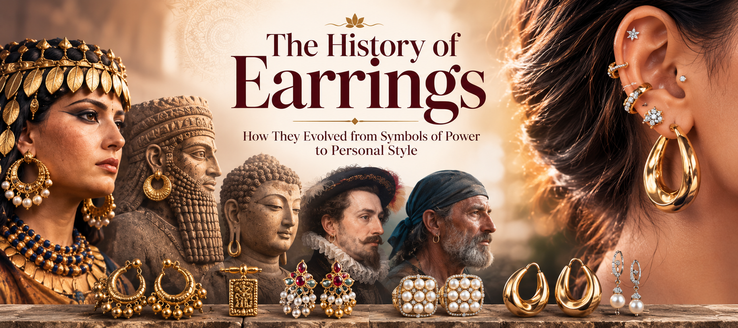 Hero banner for The History of Earrings, featuring a collage of traditional and contemporary earrings that illustrates their evolution from ancient symbols of power to modern expressions of personal style.