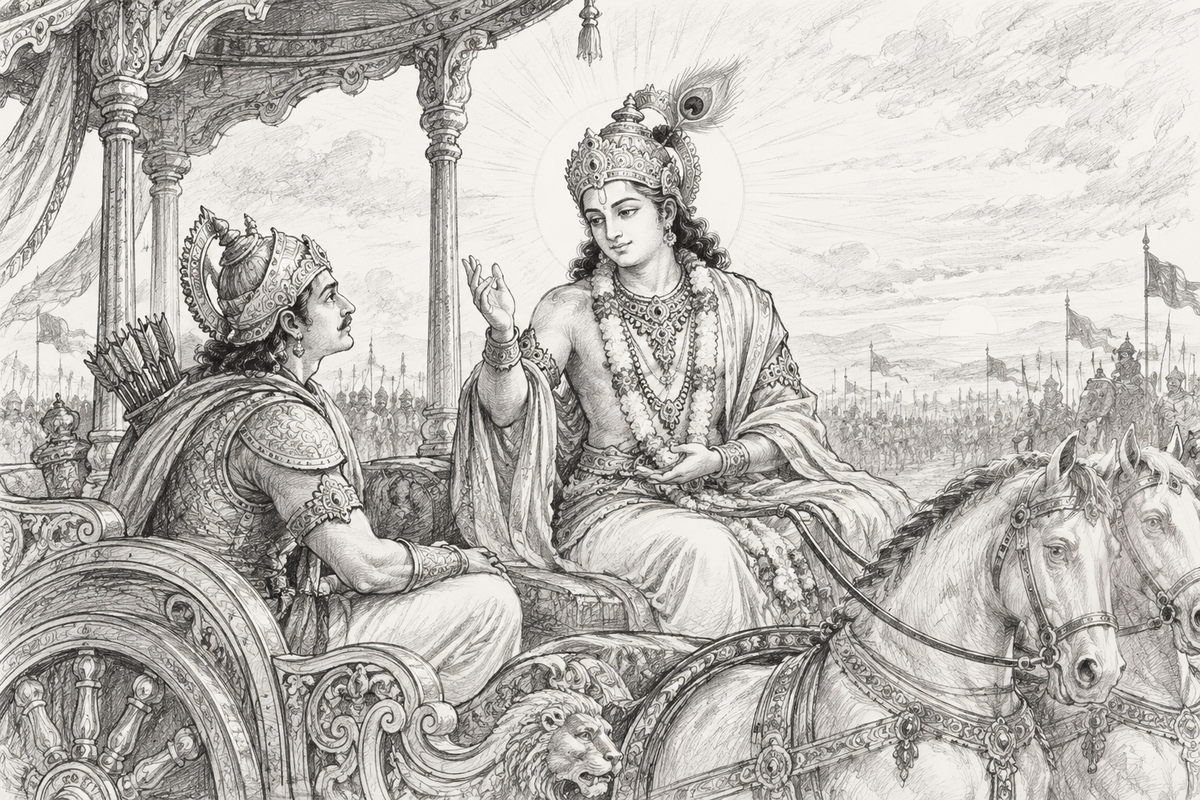 Lord Krishna in the famous battle of Maahabharta, telling Arjuna the secrets of knowledge, karma, and how to live in this world