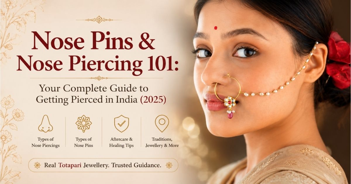 Real Totapari model wearing a traditional gold nath with pearl chain for a complete guide to nose pins, nose piercing, healing and jewellery in India.