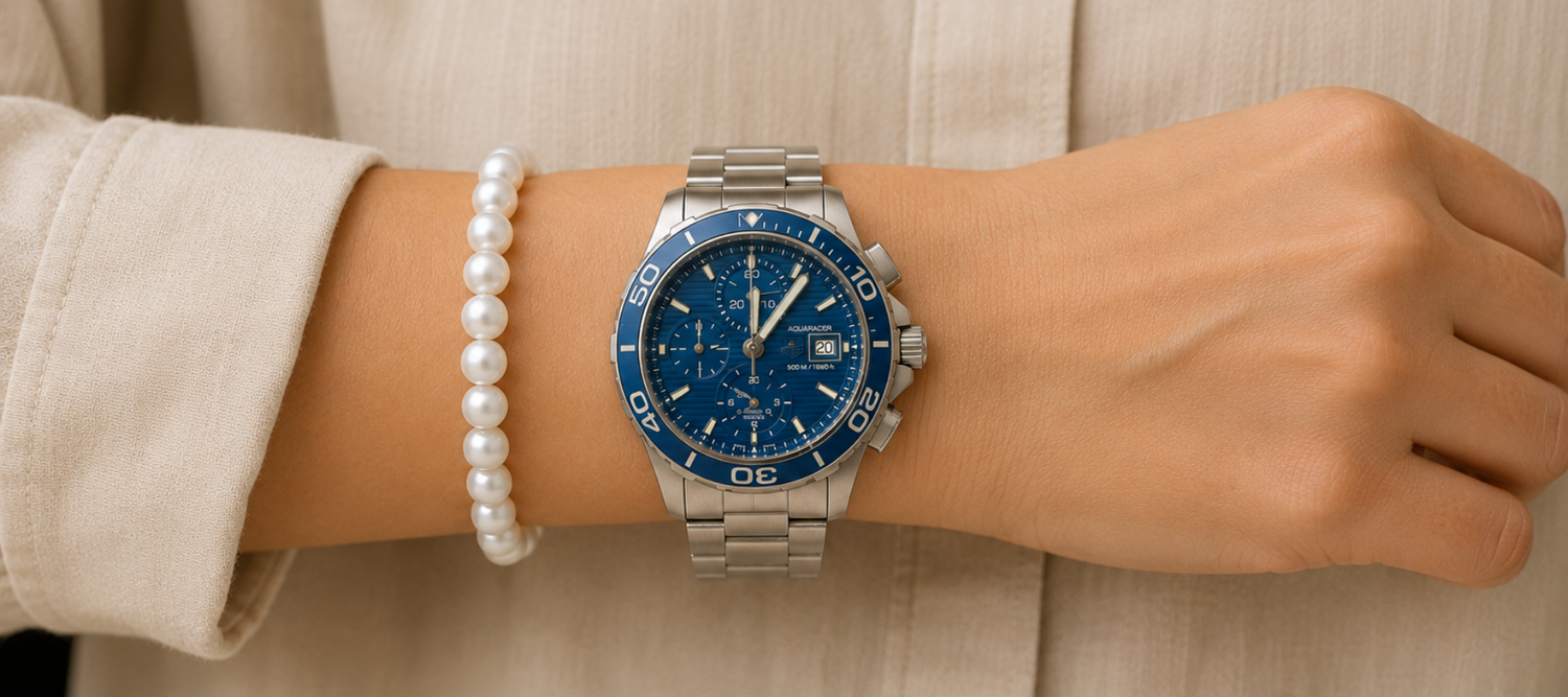 An image showing a watch and pearl bracelet pairing