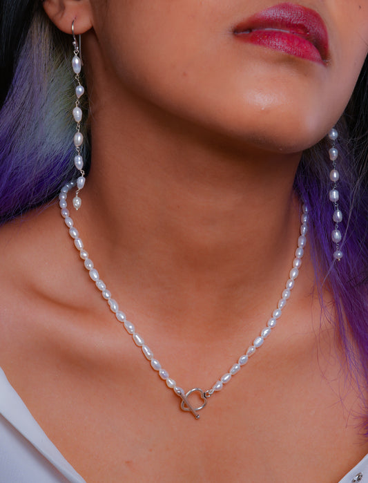 Heart Toggle Pearl Necklace with Pearl Drizzle Earrings